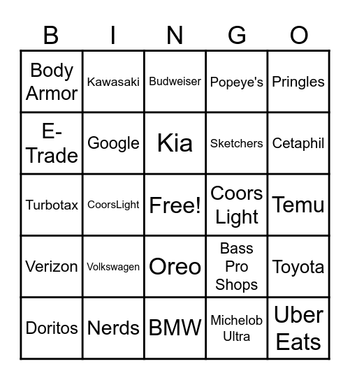 SuperBowl 2024 Bingo Card