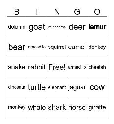 Animal Bingo Card