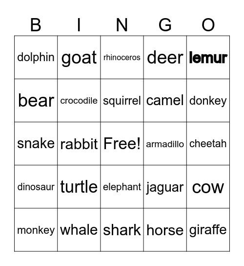 Animal Bingo Card