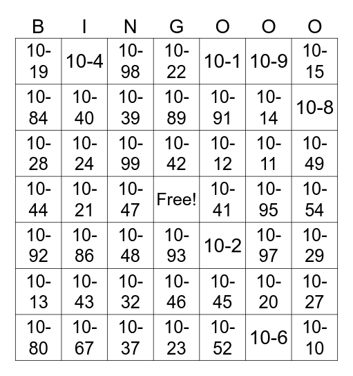 10 CODES Bingo Card