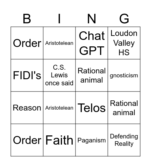 Faith and Reason Bingo Card