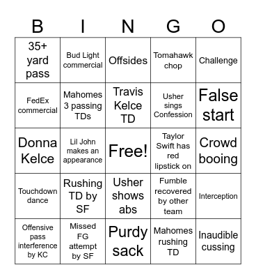 Super Bowl Bing Bingo Card