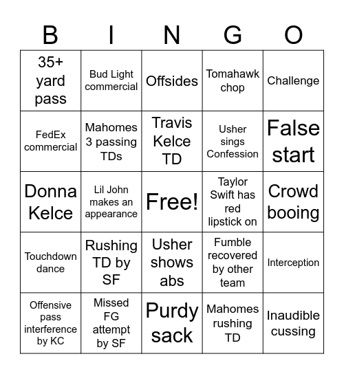 Super Bowl Bing Bingo Card