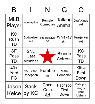 Super Bowl Bingo Card