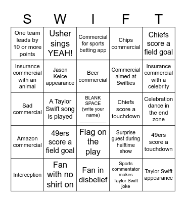SWIFTIE BOWL Bingo Card