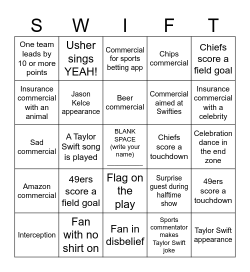 SWIFTIE BOWL Bingo Card