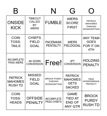 2024 CHIEFS VS 49ERS Bingo Card
