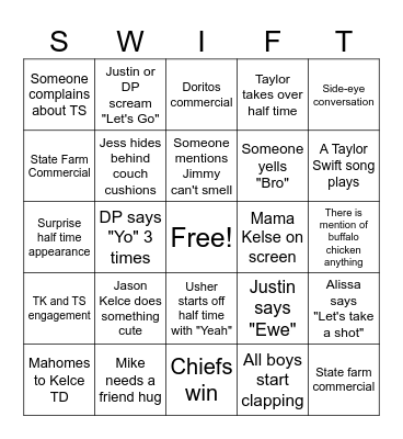 Swiftie Bowl 2024 Bingo Card