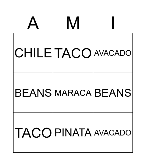 Amigo  Bingo Card