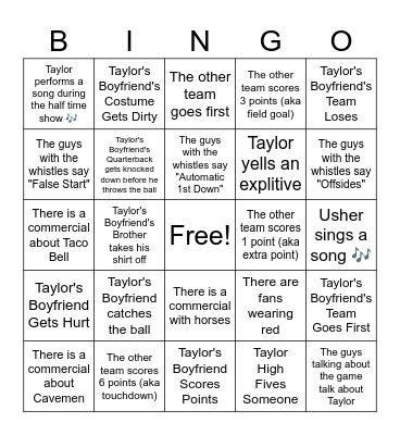 Taylor's Super Bowl 2024 Bingo Card