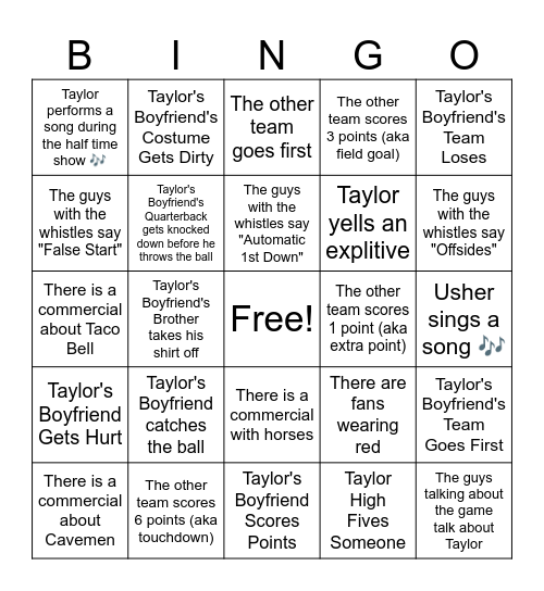 Taylor's Super Bowl 2024 Bingo Card