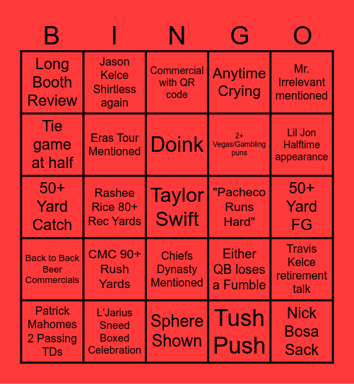 Super Bowl LVIII Bingo Card