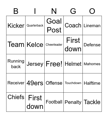 Super Bowl Bingo Card