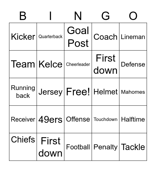 Super Bowl Bingo Card