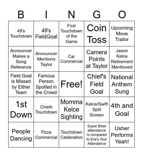 Super Bowl 2024 Bingo Card