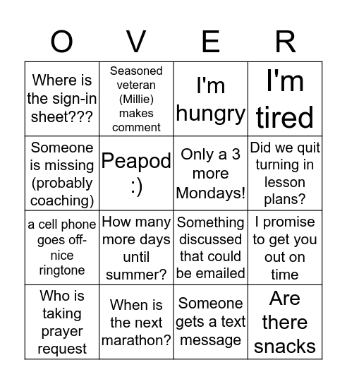 Faculty Meeting Bingo Card