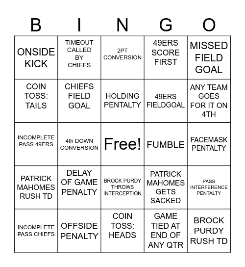 2024 CHIEFS VS 49ERS Bingo Card