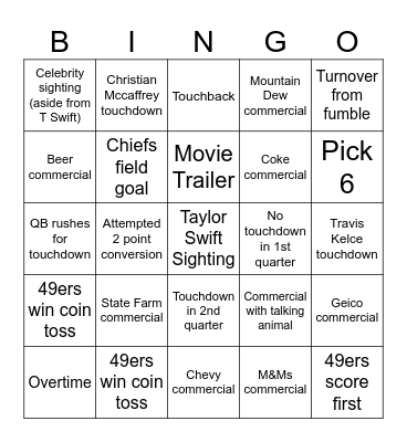 Superbowl Bingo Card