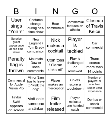 Superbowl 2024 Bingo Card