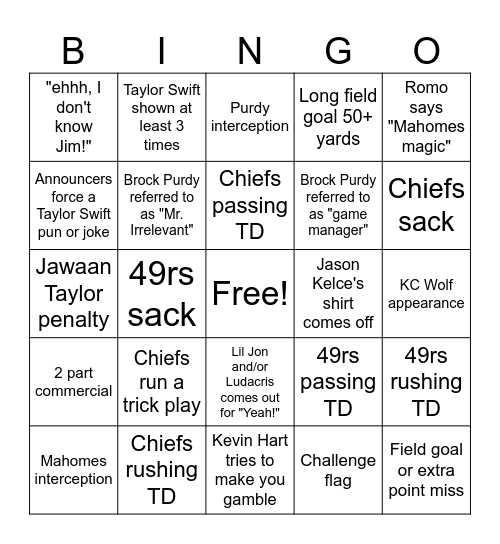 Big Game 2024 Bingo Card