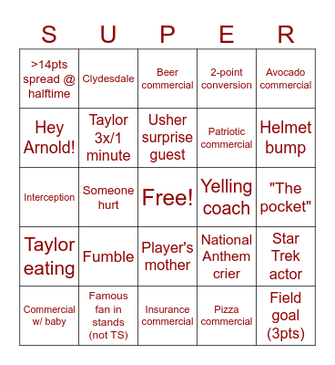 Superbowl '24 Bingo Card