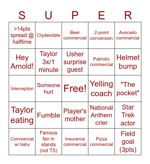 Superbowl '24 Bingo Card