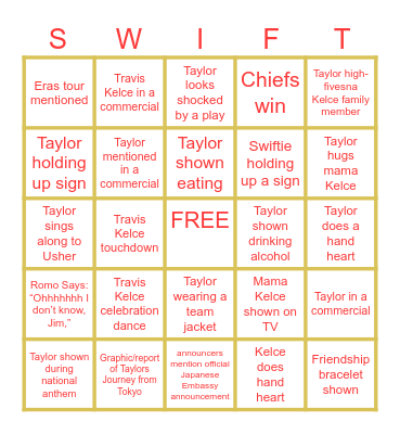 Taylor Swift Super Bowl Bingo Card