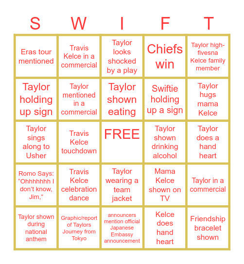 Taylor Swift Super Bowl Bingo Card