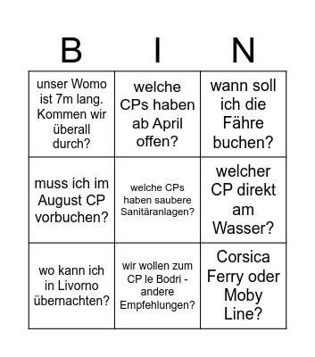 Camping auf Korsika Bingo Card