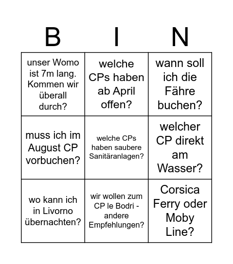 Camping auf Korsika Bingo Card