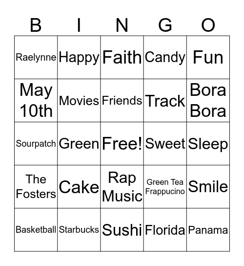 Raelynne Sweet 16 Bingo Card