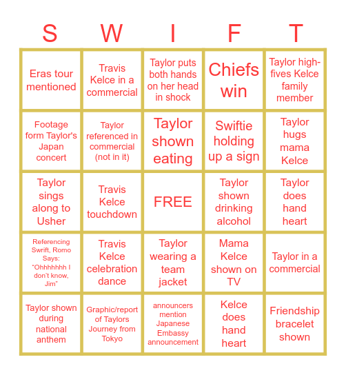 Taylor Swift Super Bowl Bingo Card