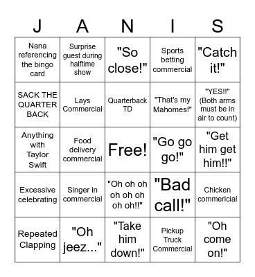 Nana Superbowl Bingo Card