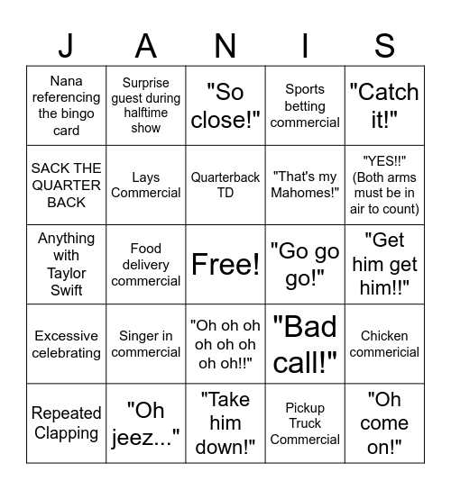 Nana Superbowl Bingo Card