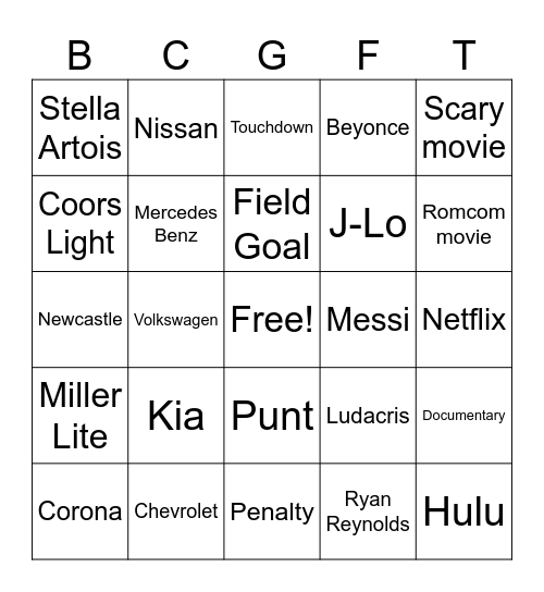 SUPERBOWL BINGALICIOUS Bingo Card