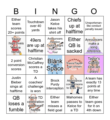 Super Bowl 2024 (Taylor's Version) Bingo Card