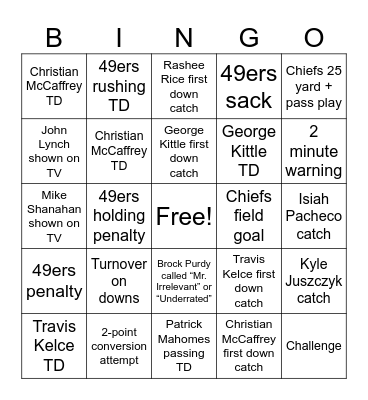 Super Bowl 58 Bingo Card