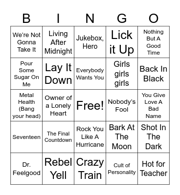 Rock from the 80’s Bingo Card