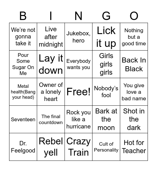 Rock from the 80’s Bingo Card