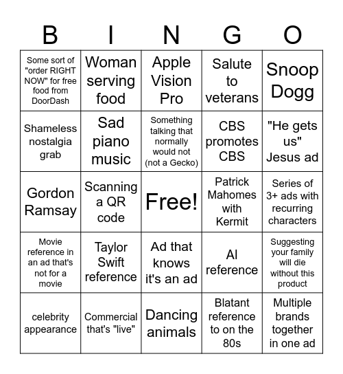 super bowl ad bingo