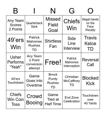 Super Bowl Game Bingo Card
