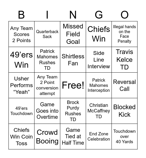 Super Bowl Game Bingo Card