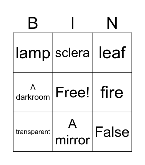 Sight and Light Bingo Card