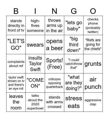 Superbowl Bingo for the Girlies Bingo Card