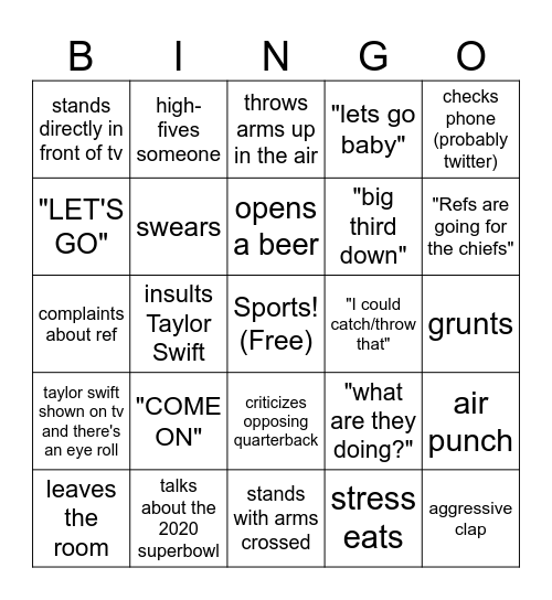 Superbowl Bingo for the Girlies Bingo Card