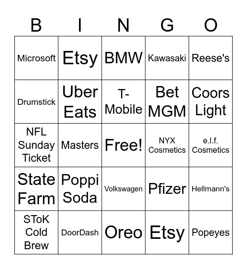 2024 Super Bowl Commercial Bingo Card