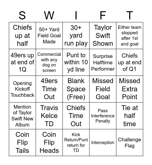 Super Bowl Bingo Card