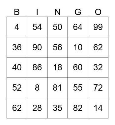 Multiplication BINGO Card