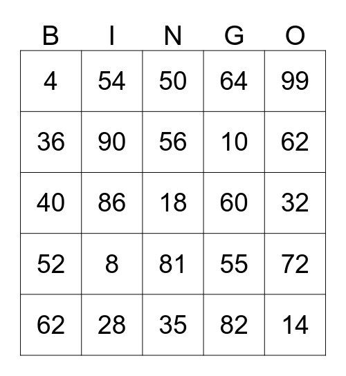 Multiplication BINGO Card