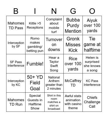 Super Bowl 2024 Bingo Card